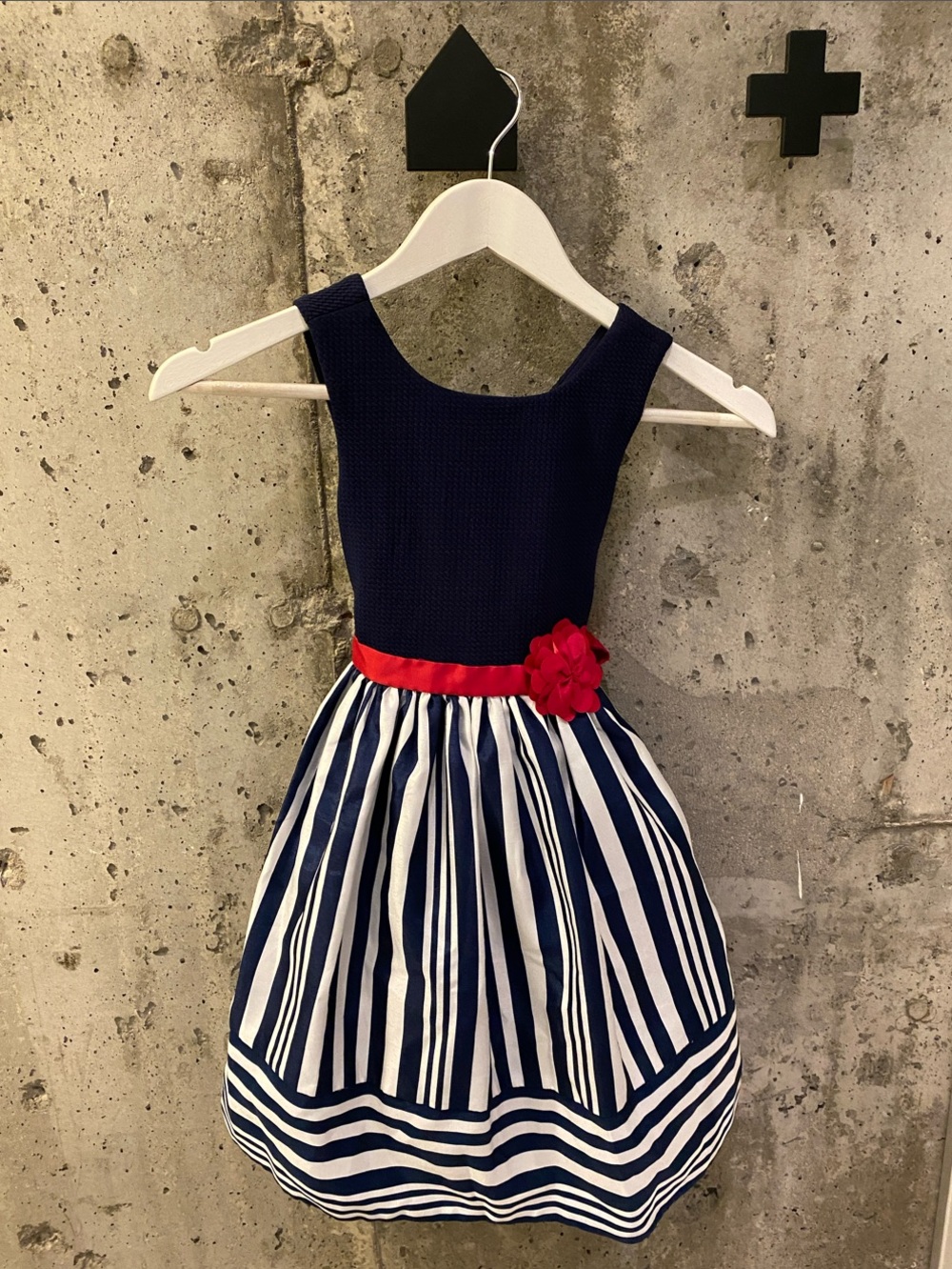 Jona Michelle Navy and White Striped Party Dress with Red Flower